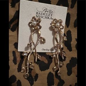 Belle Badgley Mischka Gold/Crystal/Pearl Statement Earrings New